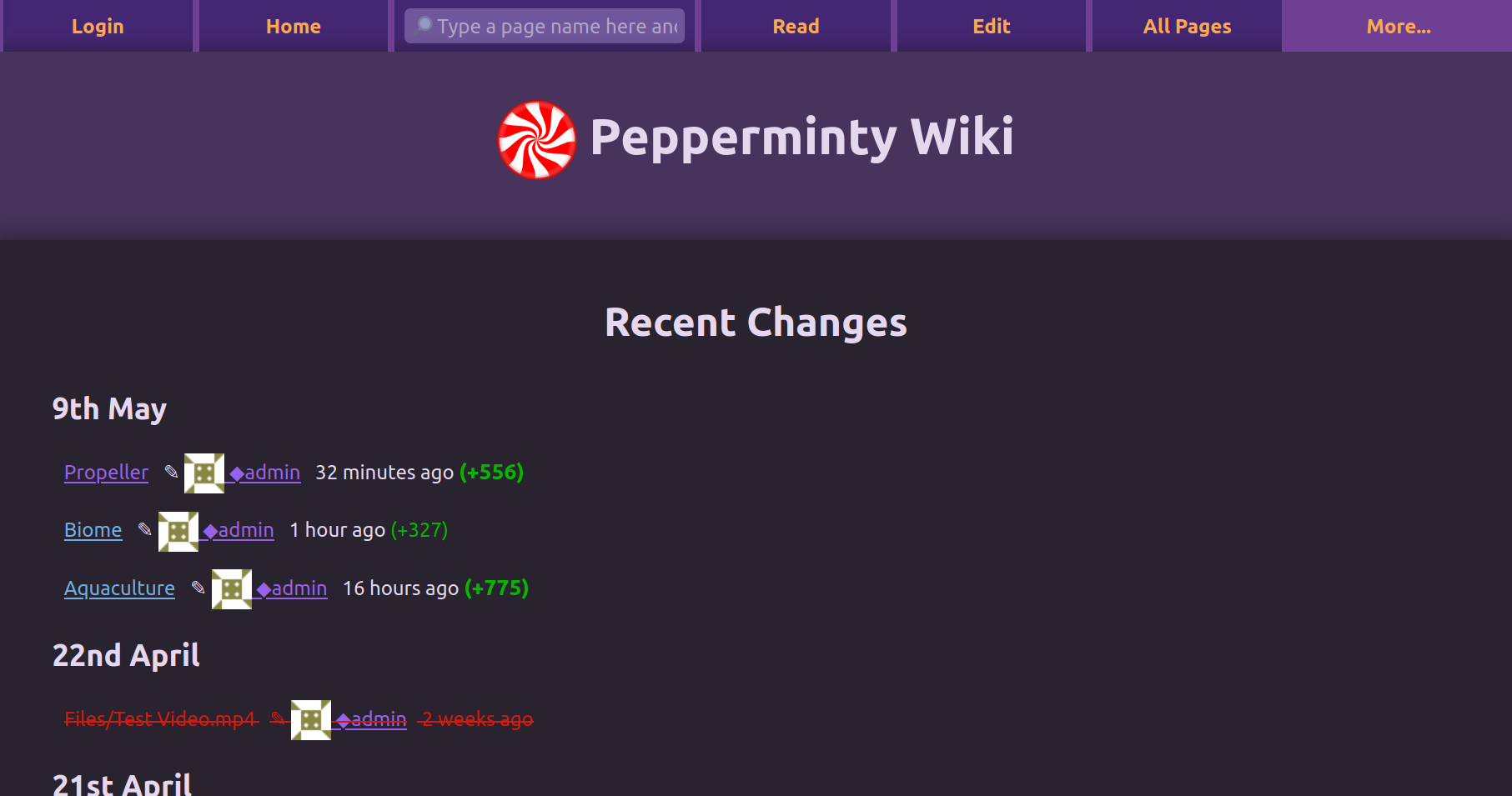 Screenshot showing the recent changes page