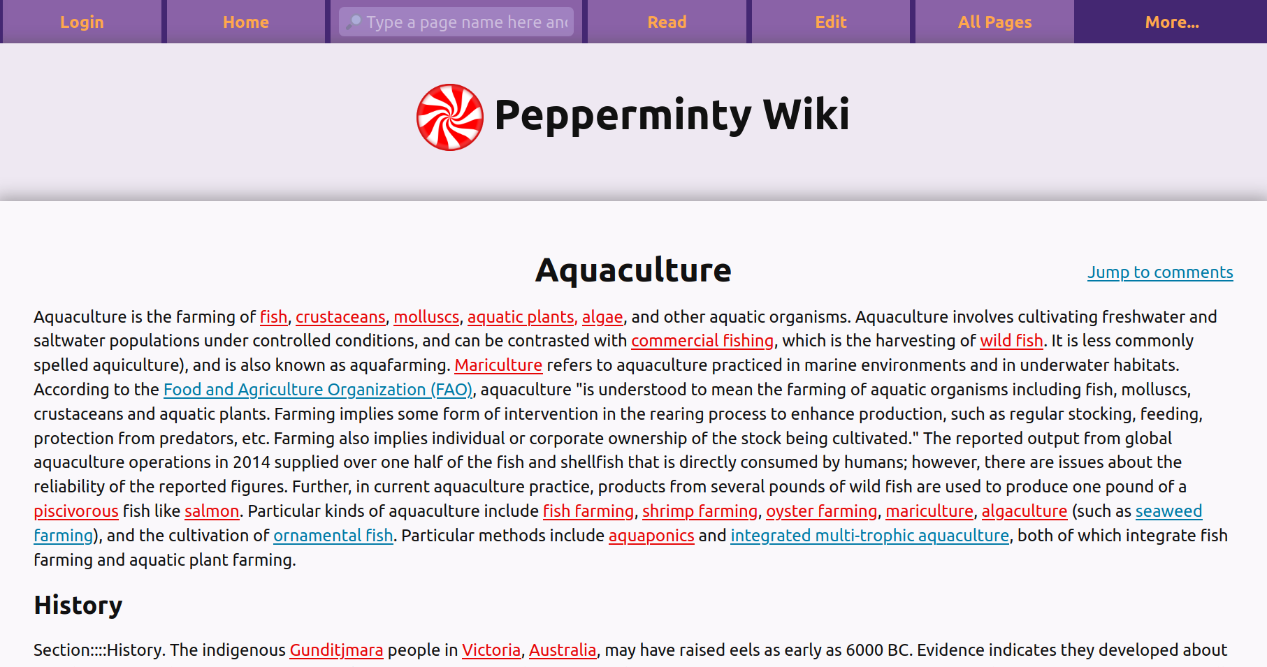 A screenshot of Pepperminty Wiki